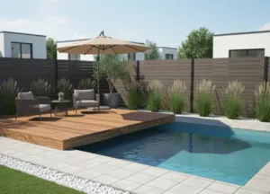 Moderno dvorište sa bazenom i drvenom terasom